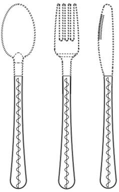 Example 2  Set - figure 2.1

Figure 1.1 shows a front view of a variant of the Set of Cutlery. The set is comprised of a spoon, a fork and a knife. The heads of the spoon, fork and knives are shown in stippled lines. The design resides in the handle, which is depicted in solide lines. The design of the handle is identical among the spoon, fork and knife. The handle has a slight curve to it and a rounded end. It has one straight line on the front, in the middle of the handle, going from the top of the design portion to the bottom - all the way to the rounded end. There is a wavy line going over that straight line.