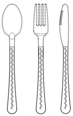 Exemple 2, figure 1.1 prsente une vue de face d'un ensemble de couverts. L'ensemble comprend une cuillre, une fourchette et un couteau. La tte de la cuillre, de la fourchette et du couteau sont reprsentes en lignes pointilles. Le dessin se trouve au niveau du manche et est reprsent en de lignes continues. Le manche est identique pour la cuillre, la fourchette et le couteau. Le manche est lgrement courb et son extrmit est arrondie. Une ligne droite, au milieu, s'tend du haut vers le bas, mais s'arrte juste avant l'extrmit arrondie. Une ligne ondule surmonte cette ligne droite.
