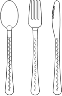 Titre : Exemple 2  Ensemble - Figure 1 - Description : La figure 1 dmontre une vue de face de lEnsemble de couverts qui contient une cuillre, une fourchette et un couteau. Le mme motif dcoratif est appliqu sur le manche de chacun des trois.
