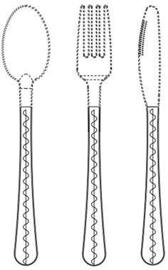 Exemple 2, figure 2.1 prsente une vue de face d'une variante de l'ensemble de couverts. L'ensemble comprend une cuillre, une fourchette et un couteau. La tte de la cuillre, de la fourchette et du couteau sont reprsentes en lignes pointilles. Le dessin se trouve au niveau du manche et est reprsent en de lignes continues. Le manche est identique pour la cuillre, la fourchette et le couteau. Le manche est lgrement courb et son extrmit est arrondie. Une ligne droite, au milieu, s'tend du haut vers le bas, jusqu' l'extrmit arrondie. Une ligne ondule surmonte cette ligne droite.