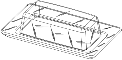 Titre : Exemple 10  Transparence - Figure 1.1 - Description : La figure 1.1 montre un Beurrier transparent fait de deux parties. Une soucoupe rectangulaire et un couvercle de la taille dun bloc de beurre. Il est possible de voir  travers les deux parties et de fins traits diagonaux sont inclus afin dindiquer de la transparence.
