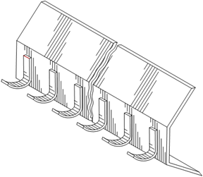 Titre : Exemple 16  Caractristiques tridimentsionnelles rptitives - Figure 1.1 - Description : Limage montre des Crochets de suspension pour sac  dos. Le systme de crochets est compos de deux parties obliques relies entre elles par une partie horizontale au milieu. Plusieurs crochets  sac  dos sont fixs  la partie du milieu. Lobjet fini est coup en deux  laide dune ligne en zigzag afin de dmontrer quil est dune longueur indfinie.
