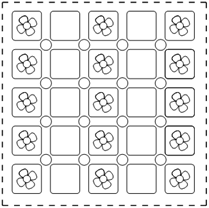 Titre : Exemple 17  Motif de surface rptitif - Figure 1.1 - Description : Limage montre un Papier essuie-tout avec un motif qui comprend des boites carrs et symtriques sur toute sa surface. Cinq boites carres  la verticale montrent un trfle  quatre feuilles, une seconde colonne de cinq boites carres  la verticale suit, ces boites sont vides. Le motif se rpte. Un petit cercle se situe dans lun des coins, entre chaque boite carre.
