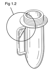 Titre : Exemple 21  Vue partielle agrandie - Figure 1.1 - Description : Limage montre une prouvette avec une poigne ergonomique.

La figure 1.1 est une vue de face de lprouvette. Le Tube est de forme allonge. Il est rond au bas et il y a une ouverture dans le haut. Le Tube a une poigne ergonomique de forme rectangulaire et une partie oblique dans le haut. Limage montre galement un cercle qui encercle la partie du haut de la poigne avec une rfrence  la figure 1.2.
