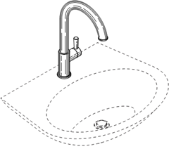Titre : Exemple 22  Vue avec environnement - Figure 1.1 - Description : La figure 1.1 est une vue de perspective dun Robinet et dun vier. Lajutage du Robinet est de forme circulaire et la poigne se trouve du ct droit de la base. Lvier est reprsent  laide de ligne lignes pointilles afin dillustrer quil ne fait pas partie du dessin, mais plutt de lenvironnement.
