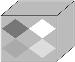 Titre : Exemple 23  Tons contrastants - Figure 1.1 - Description : La figure 1.1 est une vue de perspective dun Cube jouet de couleur grises. La face avant montre quatre losanges illustrs  laide de ton contrastants. Certains sont gris plus foncs, dautres sont dun gris plus clairs.
