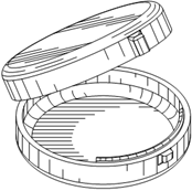 Titre : Exemple 24  Positions ouvertes et fermes - Figure 1.1 - Description : La figure 1.1 montre une vue de perspective du Rcipient de pilules avec le couvercle en position ouverte. On peut y voir des lignes dombrage partout sur lobjet et un petit bouton est situ  lavant afin douvrir ou garder ferm le couvercle du Rcipient.
