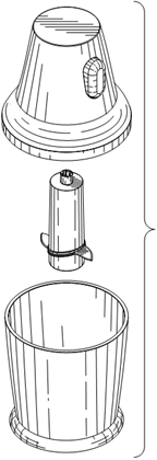 Titre : Exemple 26  Vue clate pour les objets  plusieurs composants - Figure 1.2 - Description : La figure 1.2 est une vue clat du Robot culinaire de la figure 1.1. Limage montre trois parties spare pour le Robot culinaire. Il sagit du contenant cylindrique, dun bton avec des lames ainsi que du bouchon en forme dentonnoir invers.
