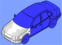 Titre : Exemple 33  Couleur pour limiter le dessin - Figure 1.2 - Description : La figure 1.2 montre une vue de perspective du ct gauche de lAutomobile. Des dtails peuvent tre perus pour la partie avant de lAutomobile, quant  lui le reste de lAutomobile est colori en bleu fonc de manire  ce que les dtails paraissent flous ou imperceptibles. La couleur est utilise pour limiter le dessin  la partie avant de lAutomobile.
