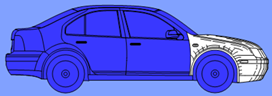 Titre : Exemple 33  Couleur pour limiter le dessin - Figure 1.3 - Description : La figure 1.3 montre une vue du ct droit de lAutomobile. Des dtails peuvent tre perus pour la partie avant de lAutomobile, quant  lui le reste de lAutomobile est colori en bleu fonc de manire  ce que les dtails paraissent flous ou imperceptibles. La couleur est utilise pour limiter le dessin  la partie avant de lAutomobile.