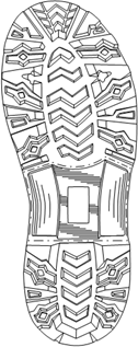 Titre : Exemple 35  Utilisation acceptable dune ligne de dmarcation - Figure 1 - Description : La figure 1 est une vue de face dune Semelle de chaussure qui comprend plusieurs caractristiques visuelles. Les caractristiques montres dans la partie de la Semelle qui constitue larche sont entoures par une ligne de point-tirets afin dillustrer que  le dessin est limit aux caractristiques  lintrieur du contour de la ligne de dmarcation.
