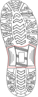 Titre : Exemple 35  Utilisation acceptable dune ligne de dmarcation - Figure 2 - Description : La figure 2 est une vue de face dune Semelle de chaussure qui comprend plusieurs caractristiques visuelles. Les caractristiques montres dans la partie de la Semelle qui constitue larche sont entoures par une ligne de rouge afin dillustrer que  le dessin est limit aux caractristiques  lintrieur du contour de la ligne de dmarcation.
