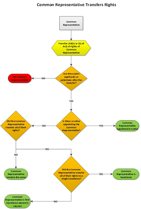 Titre&nbsp;: Appointment of Common Representative In Case Where the Common Representative Transfers Rights - Description&nbsp;: This diagram is a visual explanation of what happens with regards to the common representative when the common representative transfers their rights. If after the transfer there is a single applicant or patentee (not joint applicants or patentees) there is no common representative. If there are joint applicants or patentees after the transfer, the common representative may be appointed in a notice. If there is no notice, and the common representative did not transfer all of their rights, the common representative will remain the same. If the common representative did transfer all of their rights, and all of the rights were transferred to a single transferee, then that transferee is the common representative. Otherwise, the common representative is the first transferee named in the request to record the transfer.