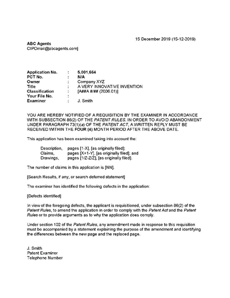 Titre&nbsp;: sample examiner's report - Description&nbsp;: An examiner's report constitutes a requisition under subsection 86(2) of the Patent Rules, identifies defects in the application on file.