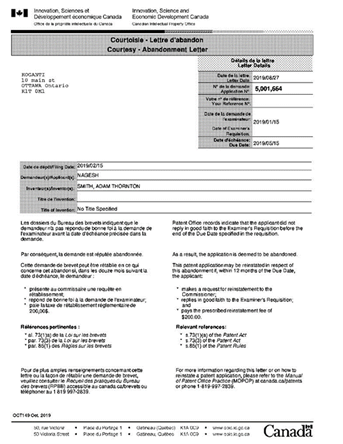 Titre : Example of a courtesy letter - Description : A courtesy letter will always be identified as such in the header and will also clear state the reason the letter is being sent.  The top left hand corner contains the addressee name and address.  The top right hand corner contains the letter details which are: the date of the letter, the application or patent number, your reference number, if a previous notice was sent, the date of that notice and the due date of the previous notice.  Following that there is a general information section which contains, as applicable: the filing date, the applicants, the inventors, the title of the invention and any other relevant information such as the presentation date (in the case of a divisional application), priority data etc.  The text of the body of the letter contains: the reason that the letter is being sent, if it is to communicate a non-compliance, the reasons for the non-compliance, references to the relevant provisions of the Patent Act and the Rules.  The closing paragraph contains a general reference to this manual and include contact information, either general CIPO or a specific group, as applicable.